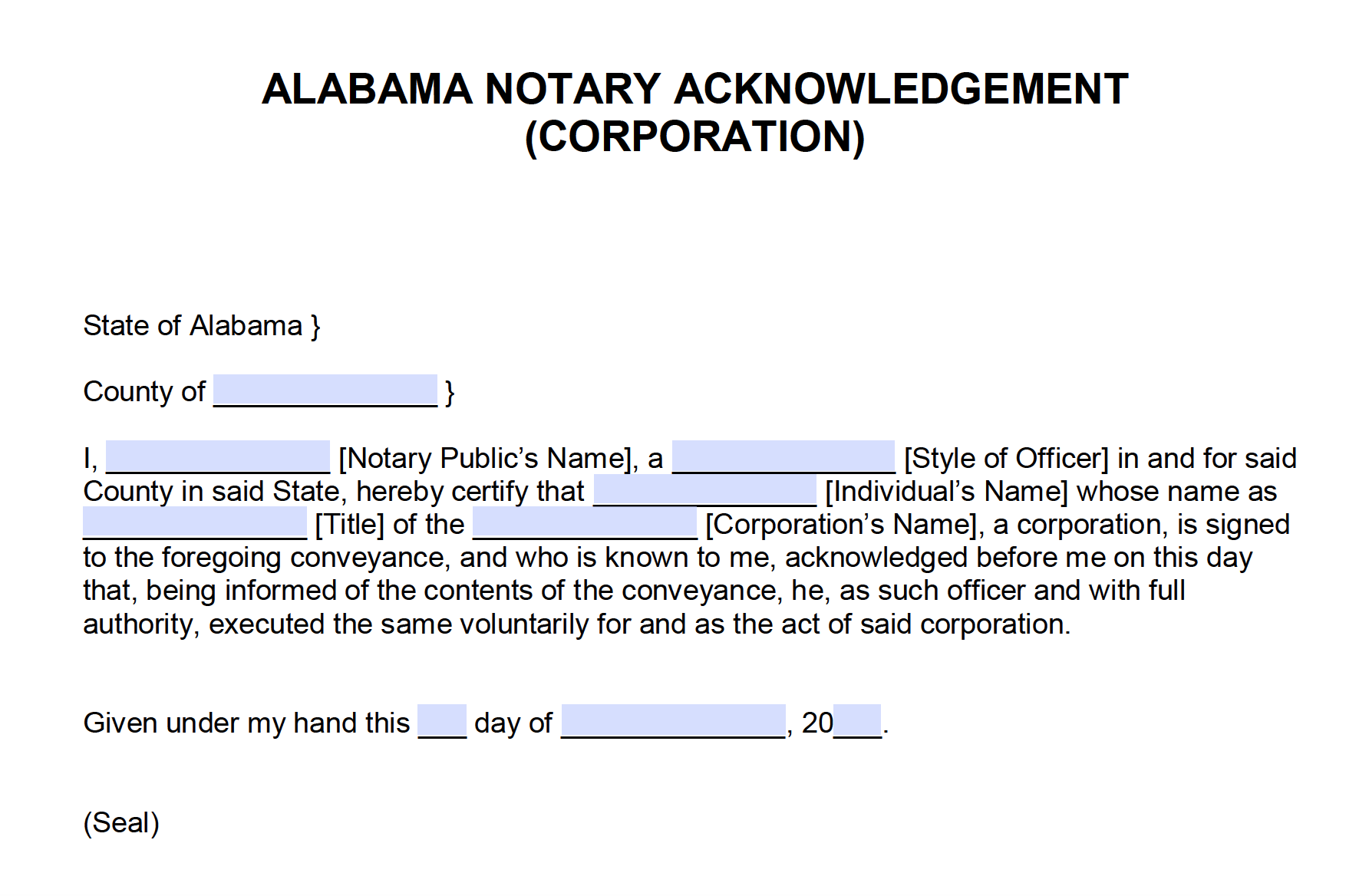 Free Alabama Notary Acknowledgement Corporation PDF Word