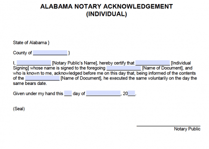 Free Alabama Notary Acknowledgement – Representative Capacity - PDF - Word