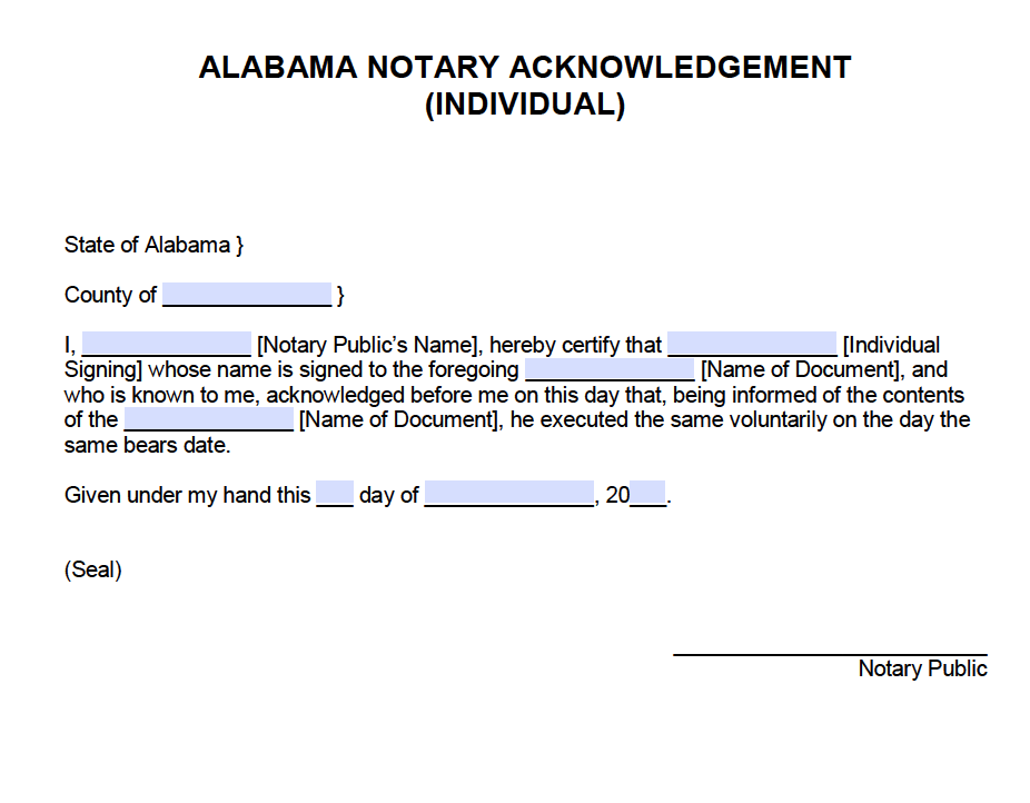 Free Alabama Notary Acknowledgement - Individual - PDF - Word