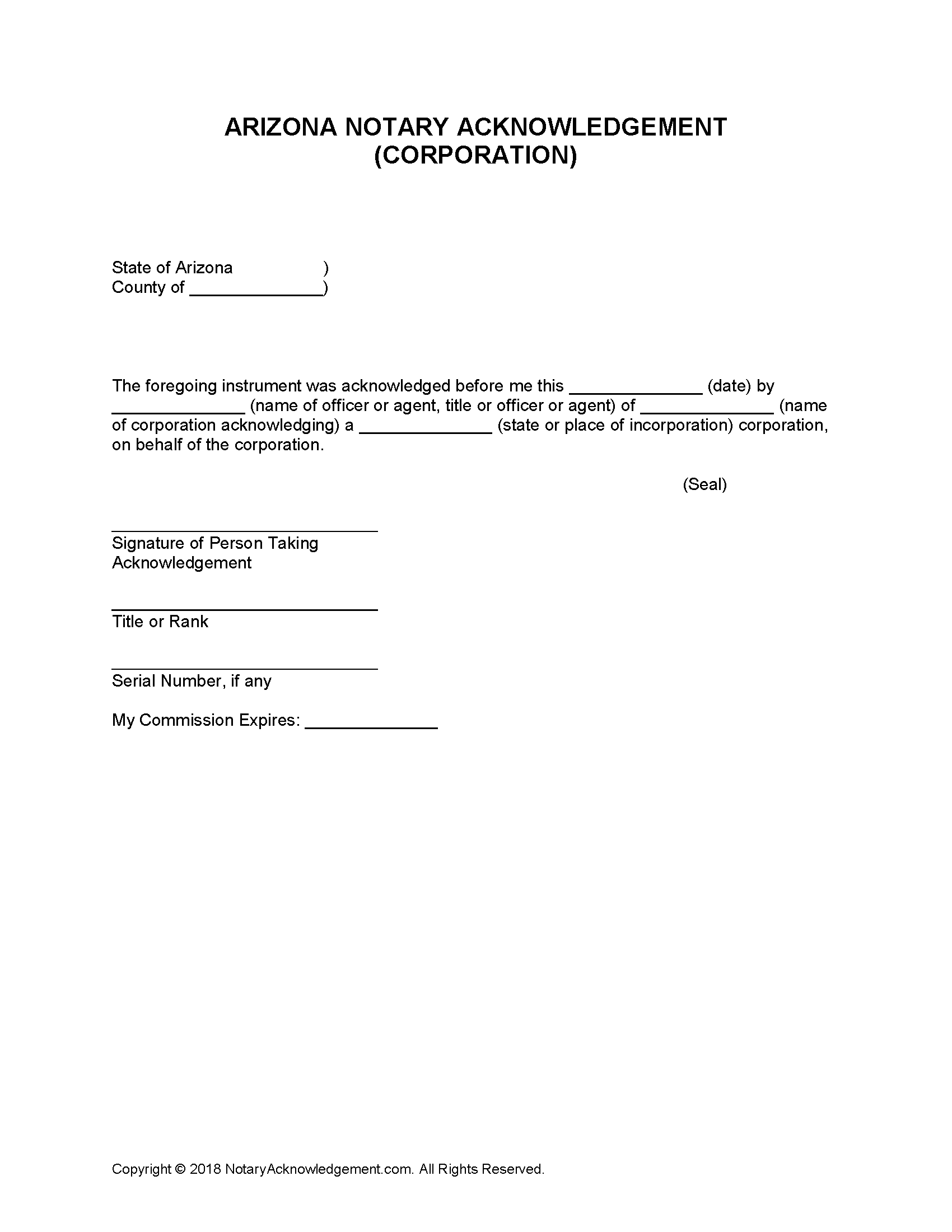 Free Arizona Notary Acknowledgement Corporation PDF Word