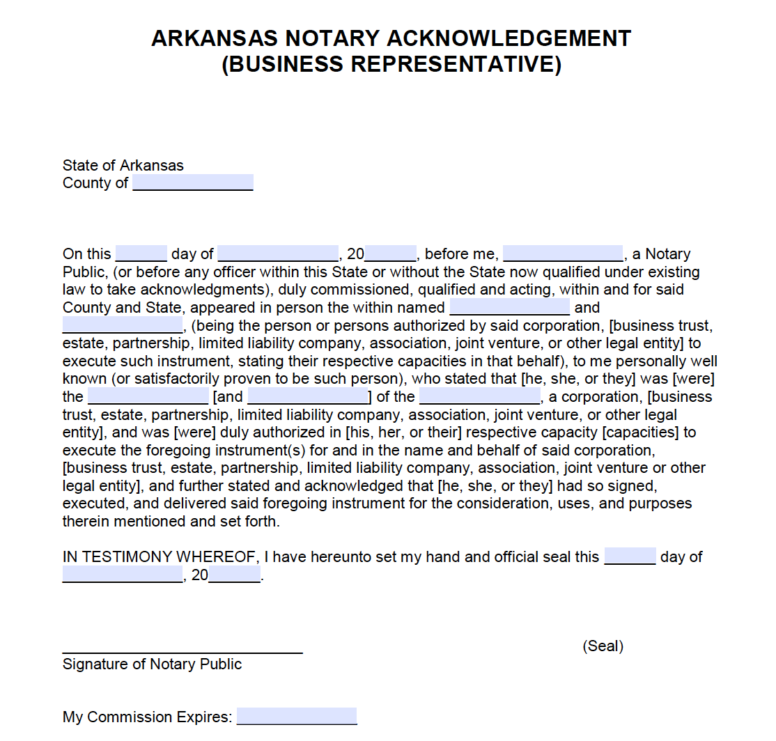 Free Arkansas Notary Acknowledgement Forms PDF Word
