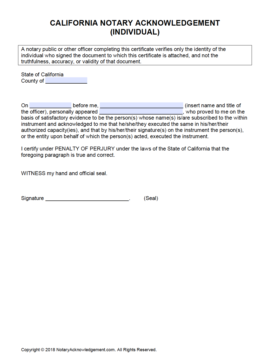 Free California Notary Acknowledgement Individual PDF Word