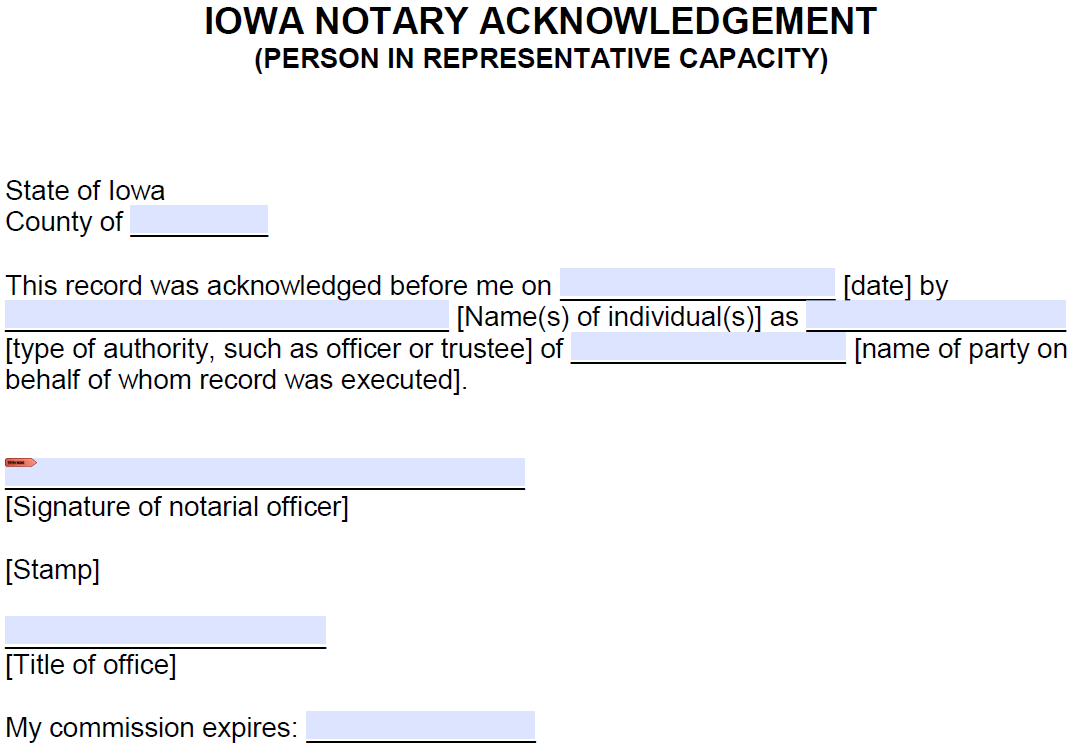 Free Iowa Notary Acknowledgement Representative PDF Word