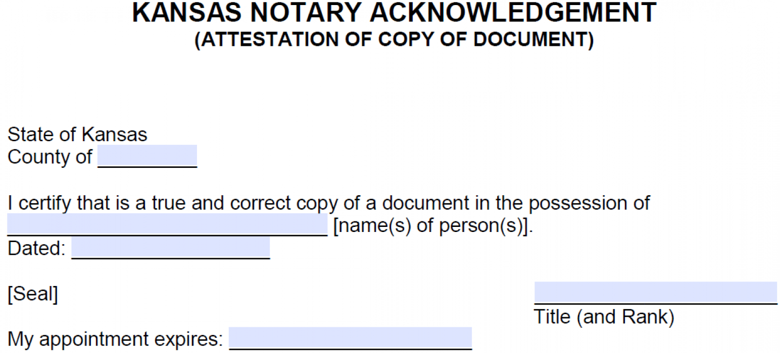 Free Kansas Notarial Certificate Attestation Of A Copy Pdf Word 