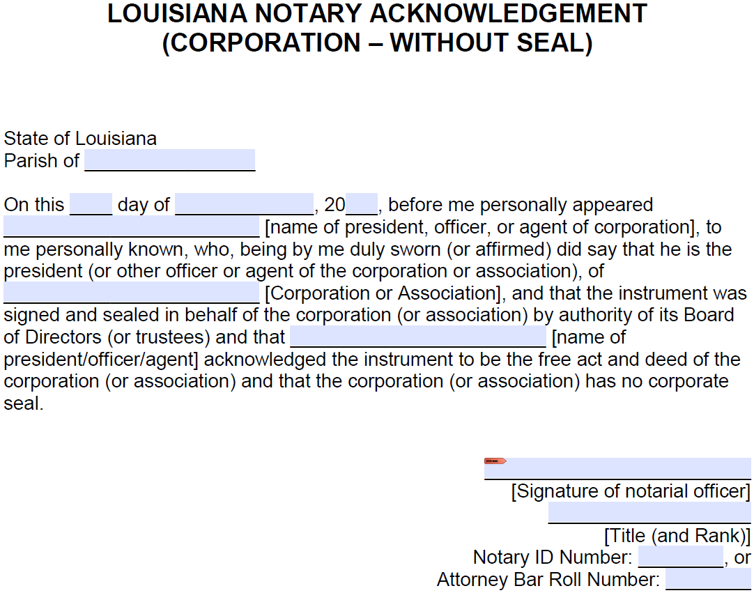 Free Louisiana Notary Acknowledgement Corporation Without Seal PDF