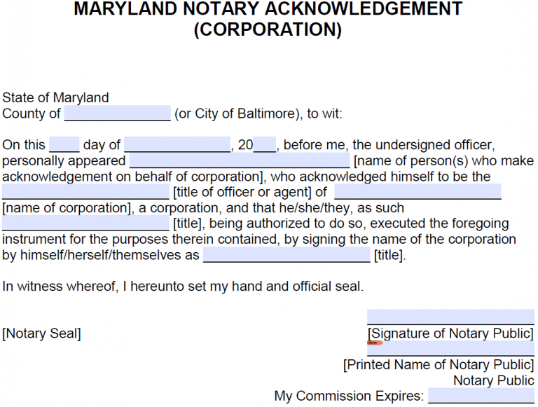 Free Maryland Notary Acknowledgement Corporation PDF Word
