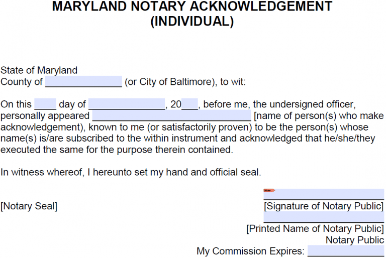 Free Maryland Notary Acknowledgement Forms PDF Word