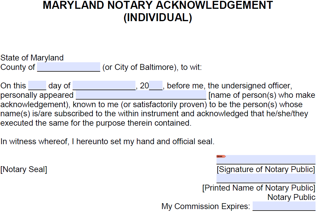 Free Maryland Notary Acknowledgement Individual PDF Word