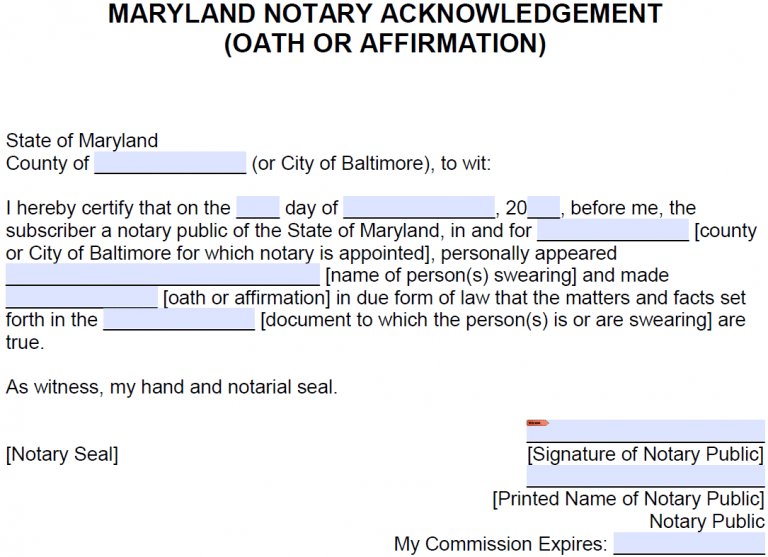 Free Maryland Notarial Certificate Oath or Affirmation PDF Word