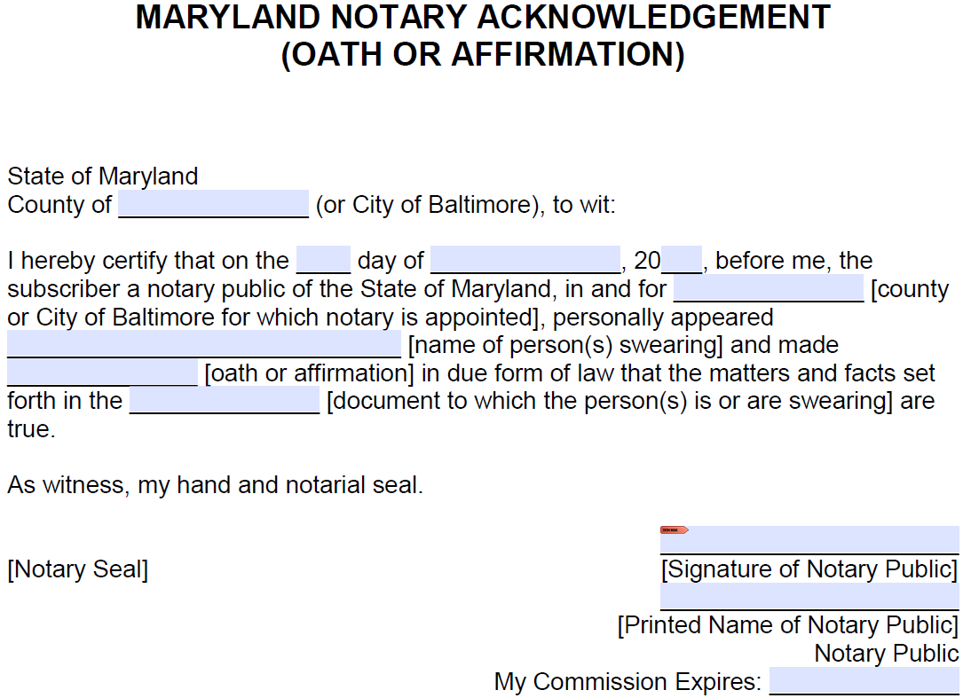 Free Maryland Notarial Certificate Oath Or Affirmation PDF Word