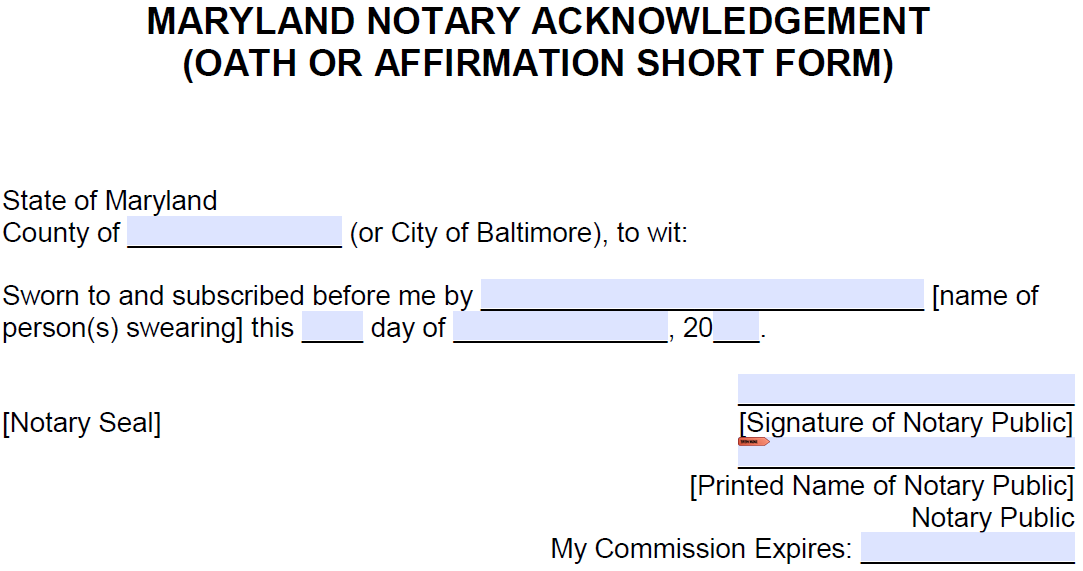 Free Maryland Notarial Certificate Oath or Affirmation (Short Form