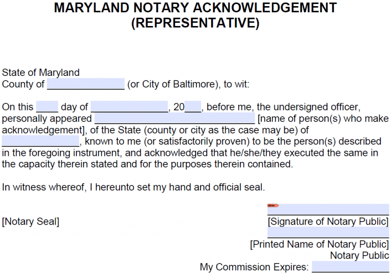 Free Maryland Notary Acknowledgement Representative PDF Word