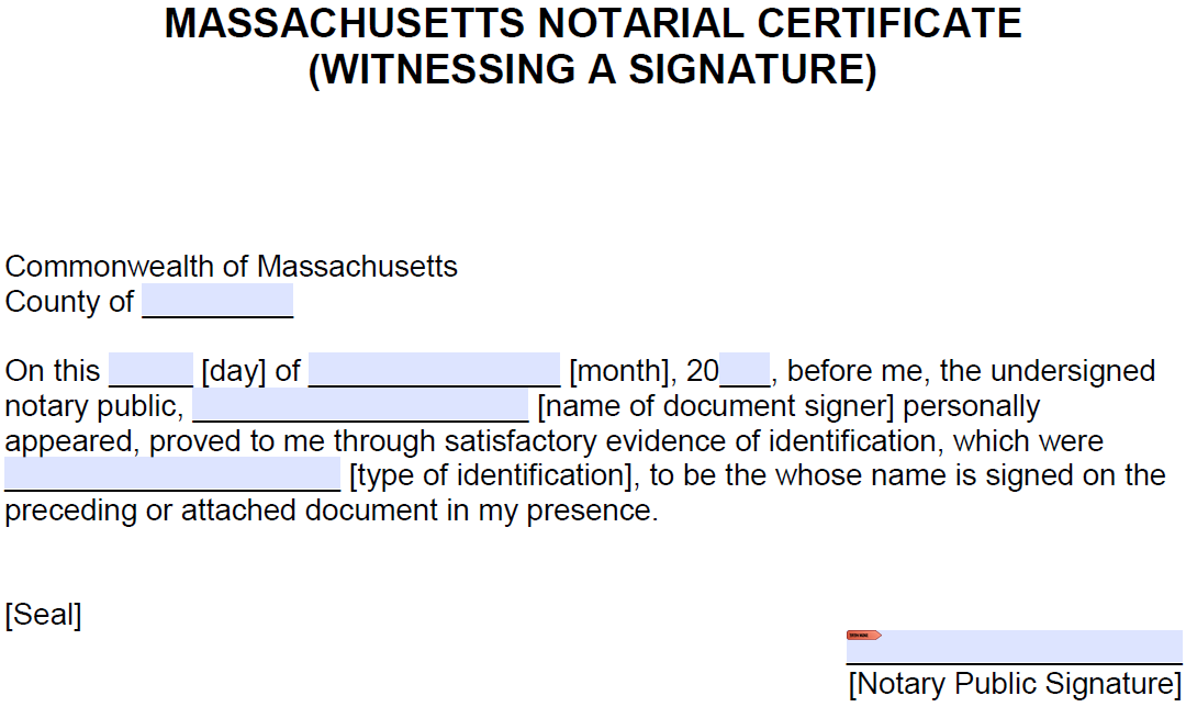 Free Massachusetts Notarial Certificate Witness A Signature Pdf Word 8547