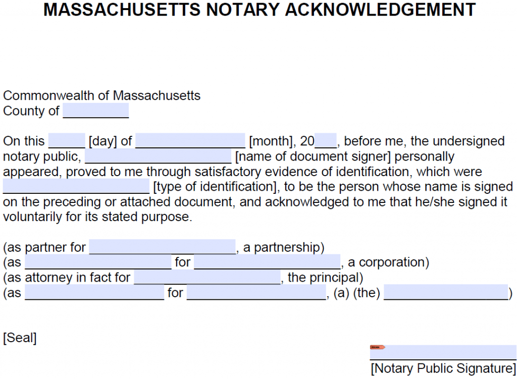 Free Massachusetts Notary Acknowledgement PDF Word