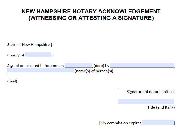 Free New Hampshire Notarial Certificate Witnessing or Attesting a