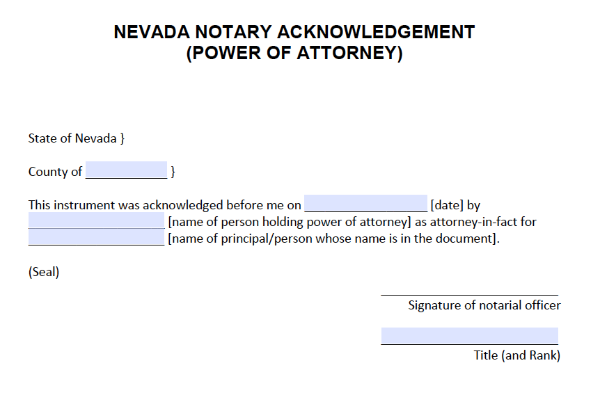 Free Nevada Notary Acknowledgement – Power of Attorney - PDF - Word