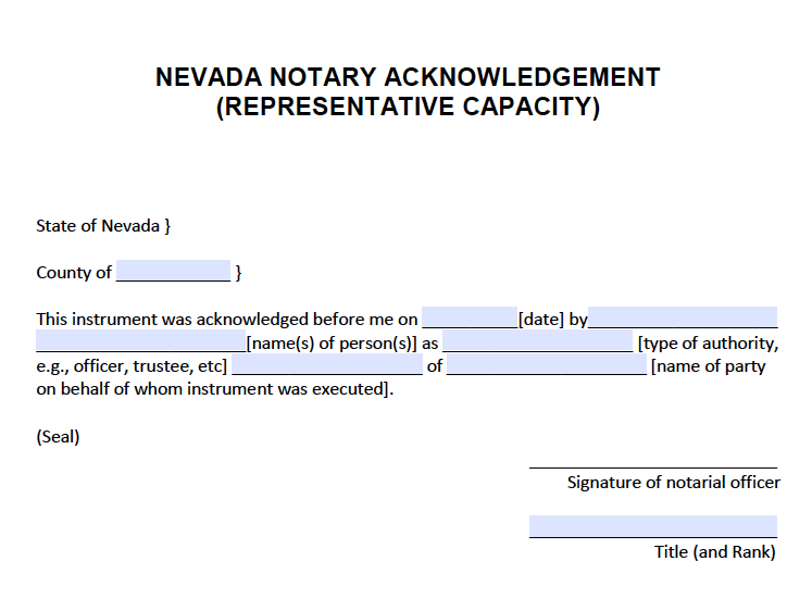 Free Nevada Notary Acknowledgement Representative Capacity Pdf Word