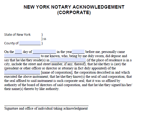 Free New York Notary Acknowledgement Corporate Acknowledgements Pdf 9510