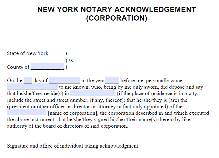 Free New York Notary Acknowledgement Corporation Pdf Word 0618