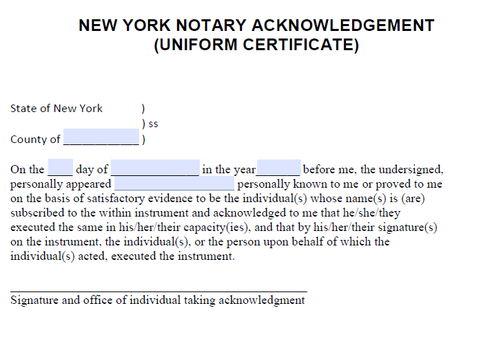Free New York Notary Acknowledgement – Uniform Certificate - Pdf - Word