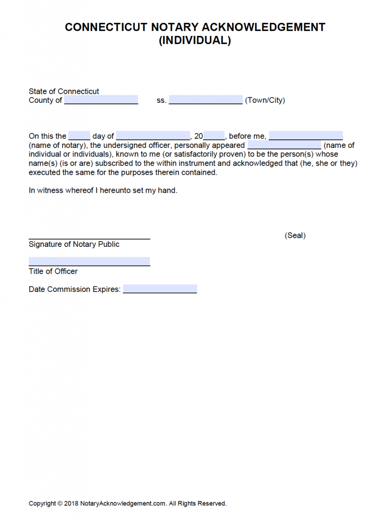 Free Connecticut Notary Acknowledgement - Individual - PDF - Word