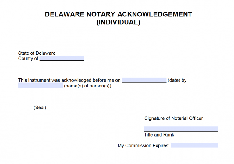 Free Delaware Notary Acknowledgement Individual PDF Word