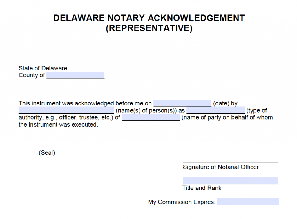 Free Delaware Notary Acknowledgement Representative PDF Word