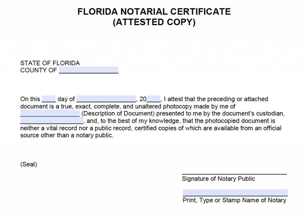 Free Florida Notarial Certificate Attested Copy Pdf Word Free Hot