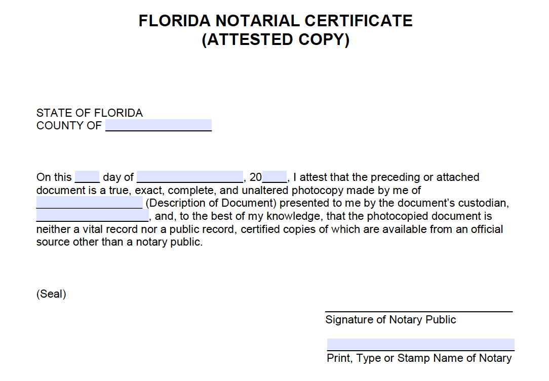 Free Florida Notarial Certificate Attested Copy PDF Word