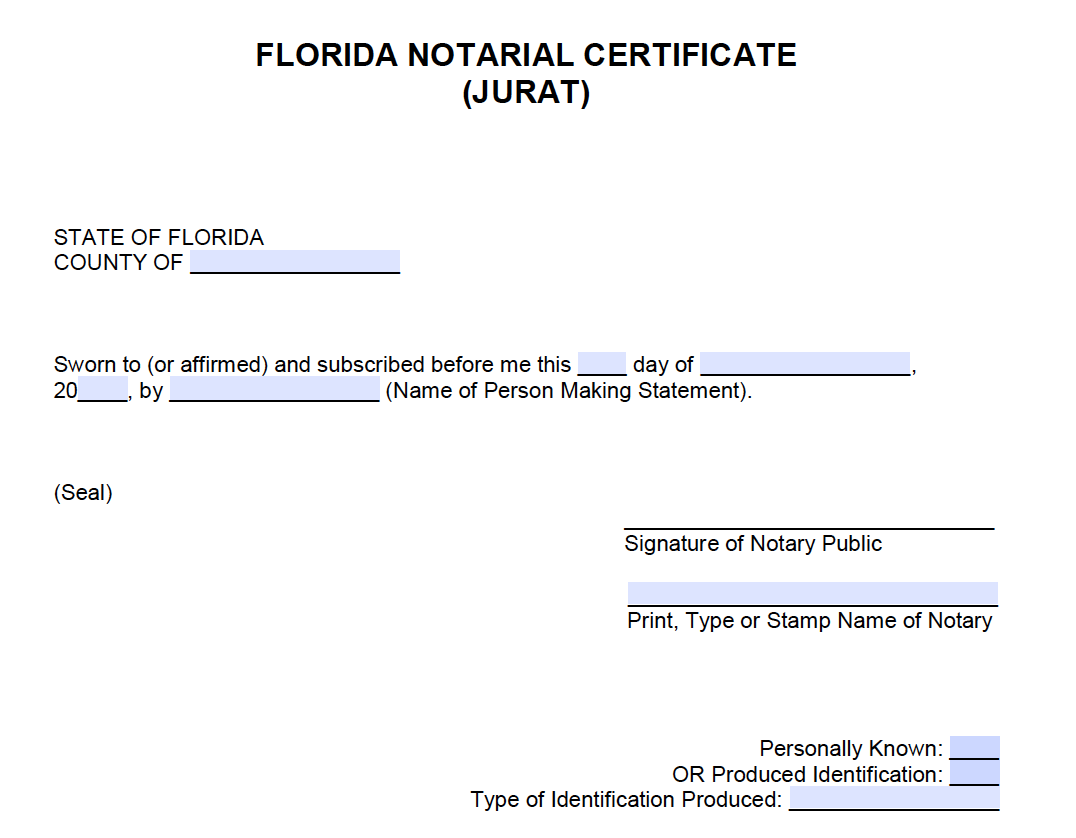 Florida Notarial Certificate Jurat 