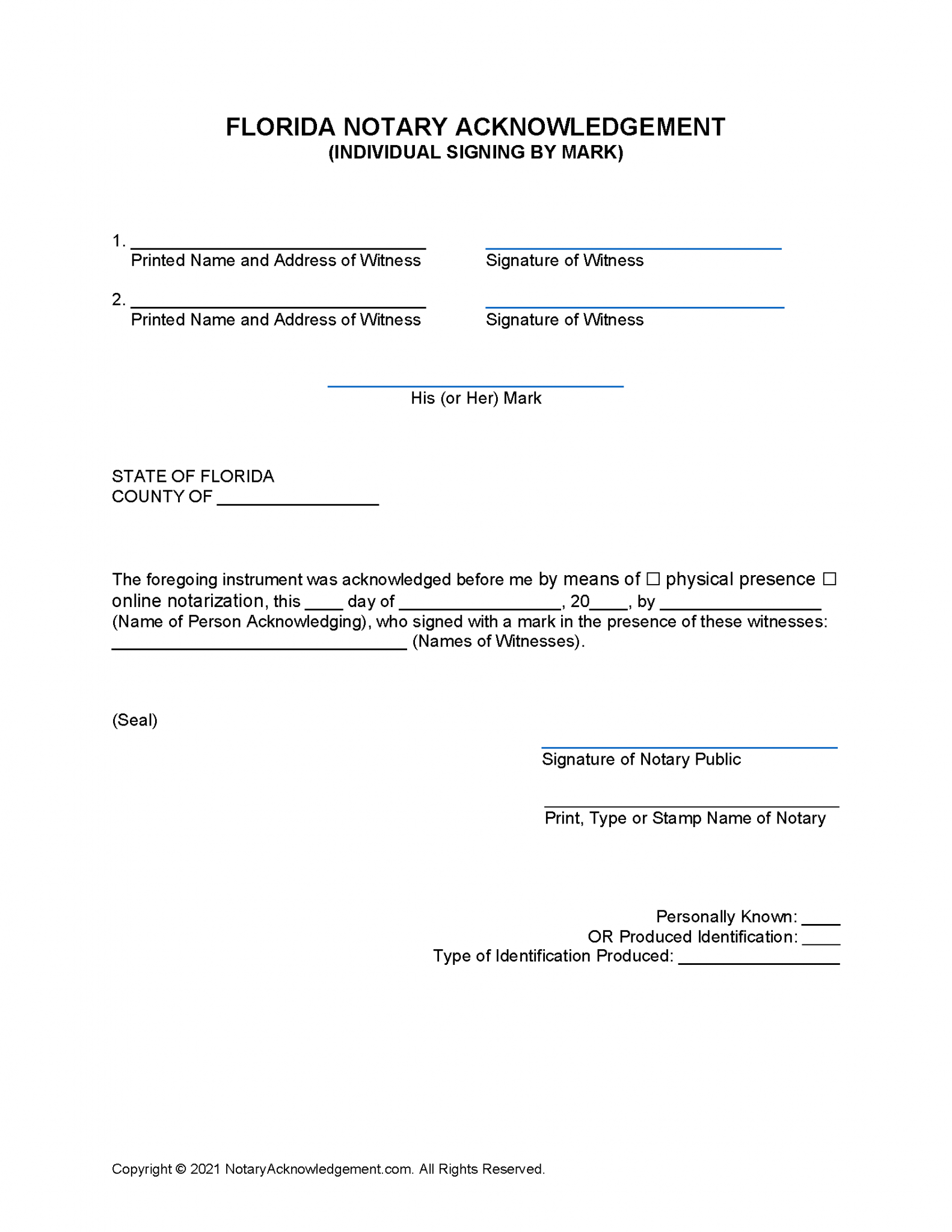 Free Florida Notary Acknowledgement Individual Signing by Mark PDF
