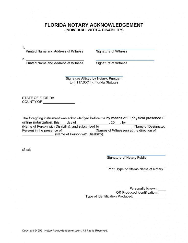 Free Florida Notary Acknowledgement Forms PDF Word