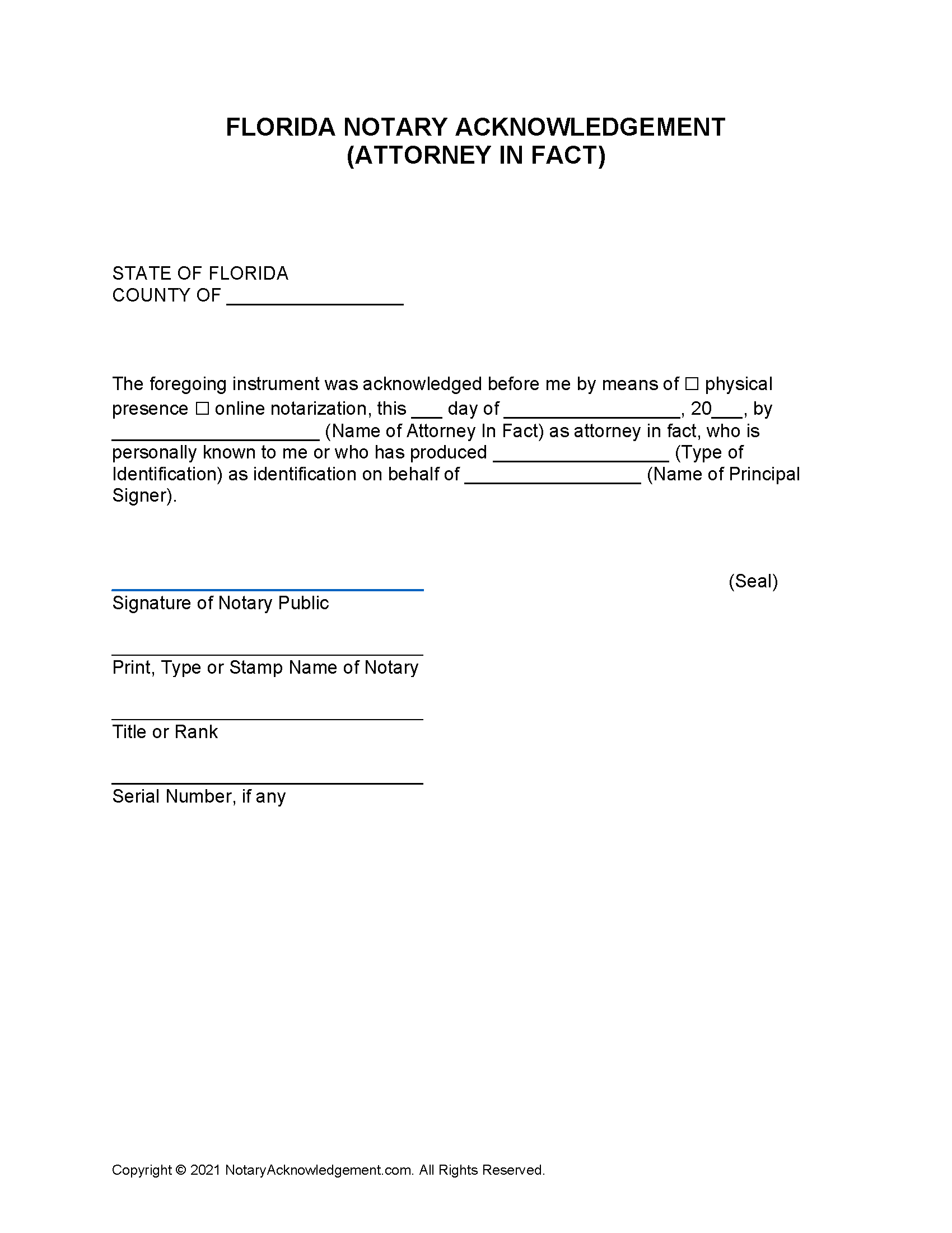 Free Florida Short Form Notary Acknowledgement - Attorney In Fact - PDF