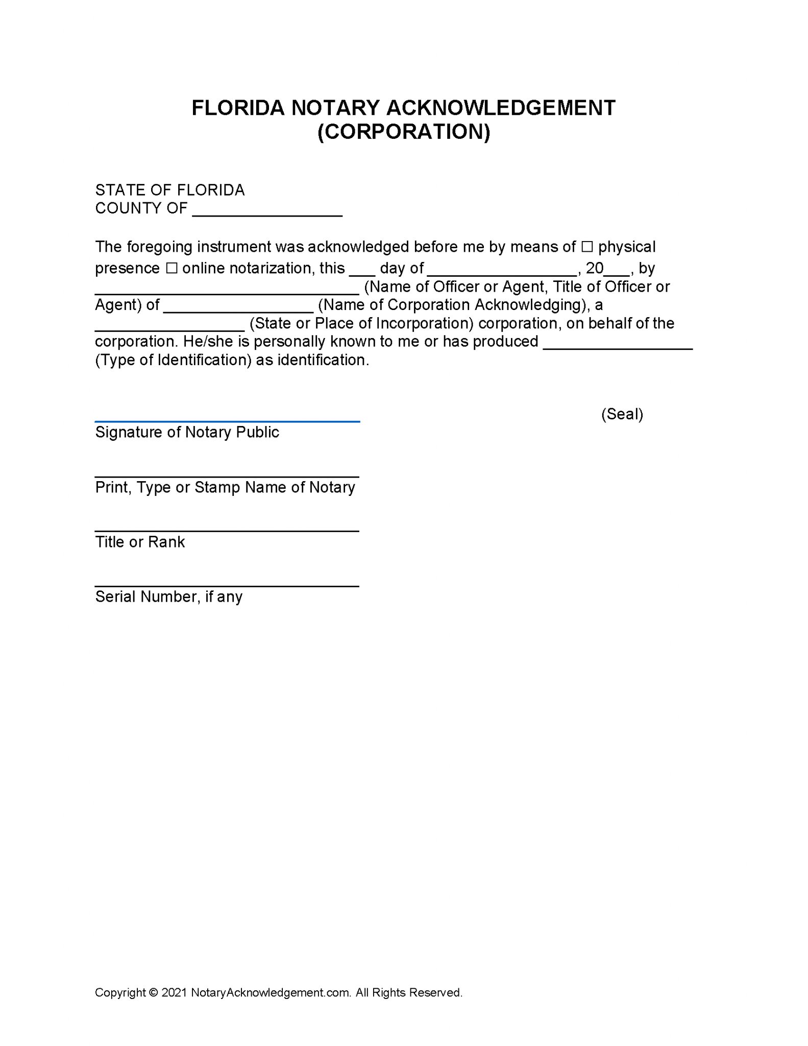 Free Florida Short Form Notary Acknowledgement Corporation Pdf Word 0725