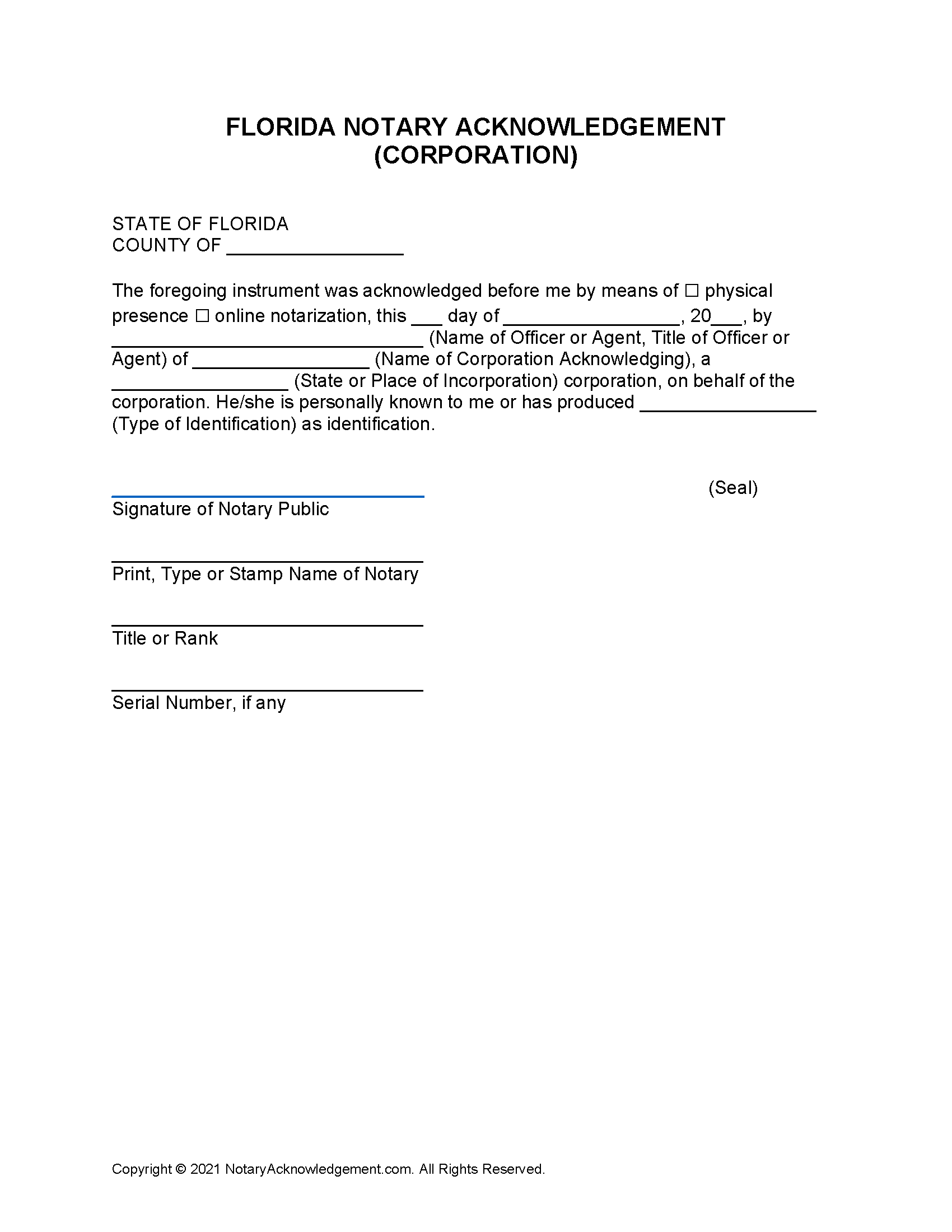 Free Florida Short Form Notary Acknowledgement Corporation PDF Word