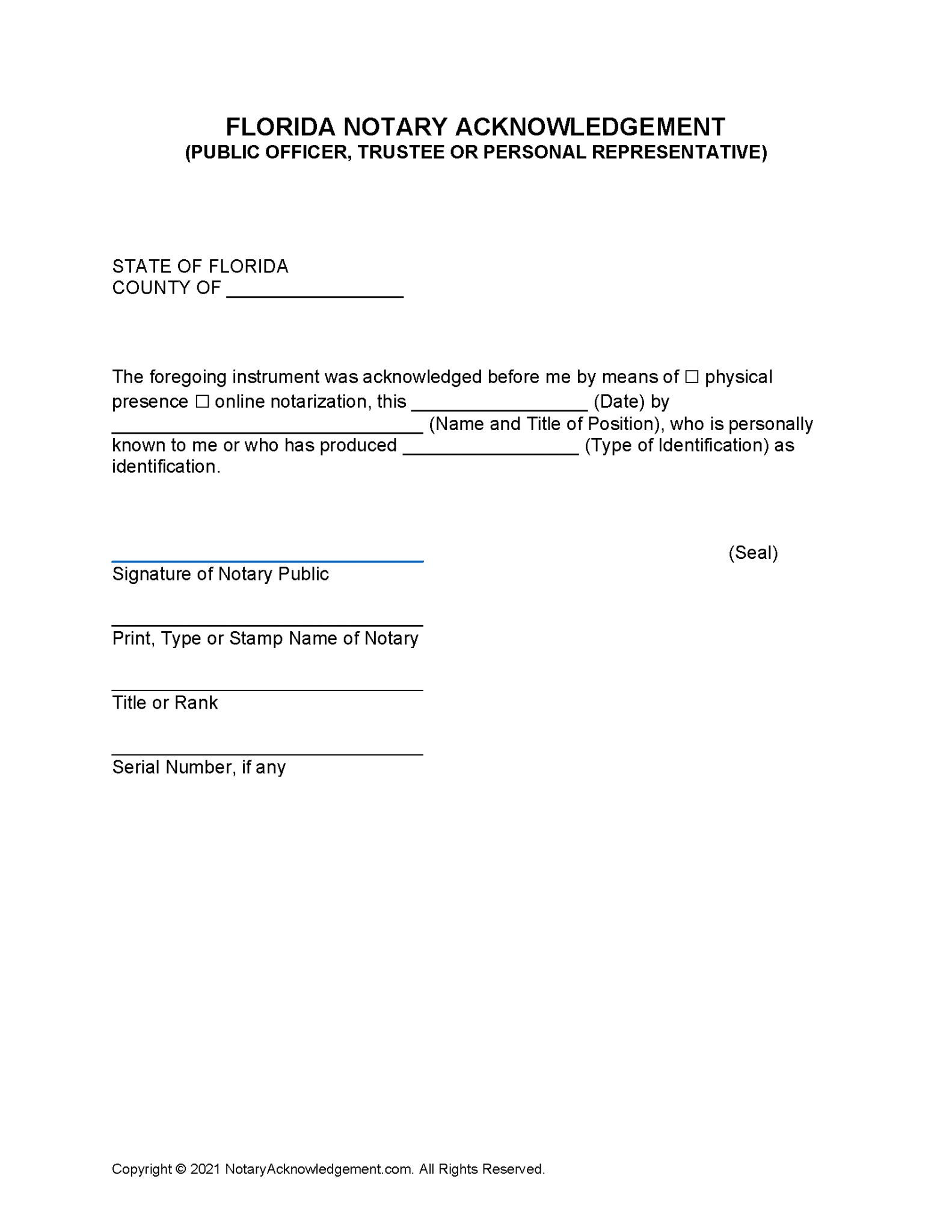 Free Florida Notary Acknowledgement Forms PDF Word