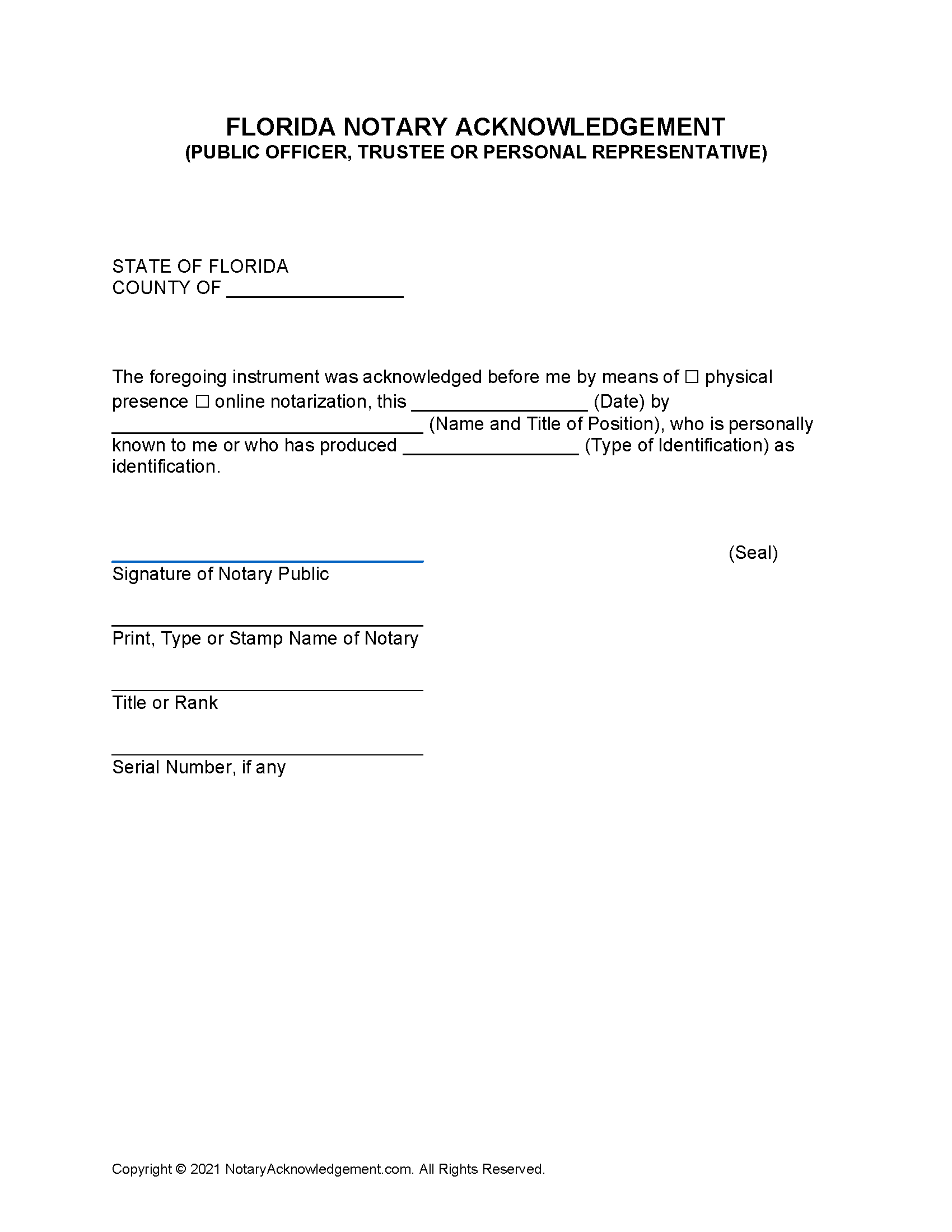 Free Florida Short Form Notary Acknowledgement - Public Officer