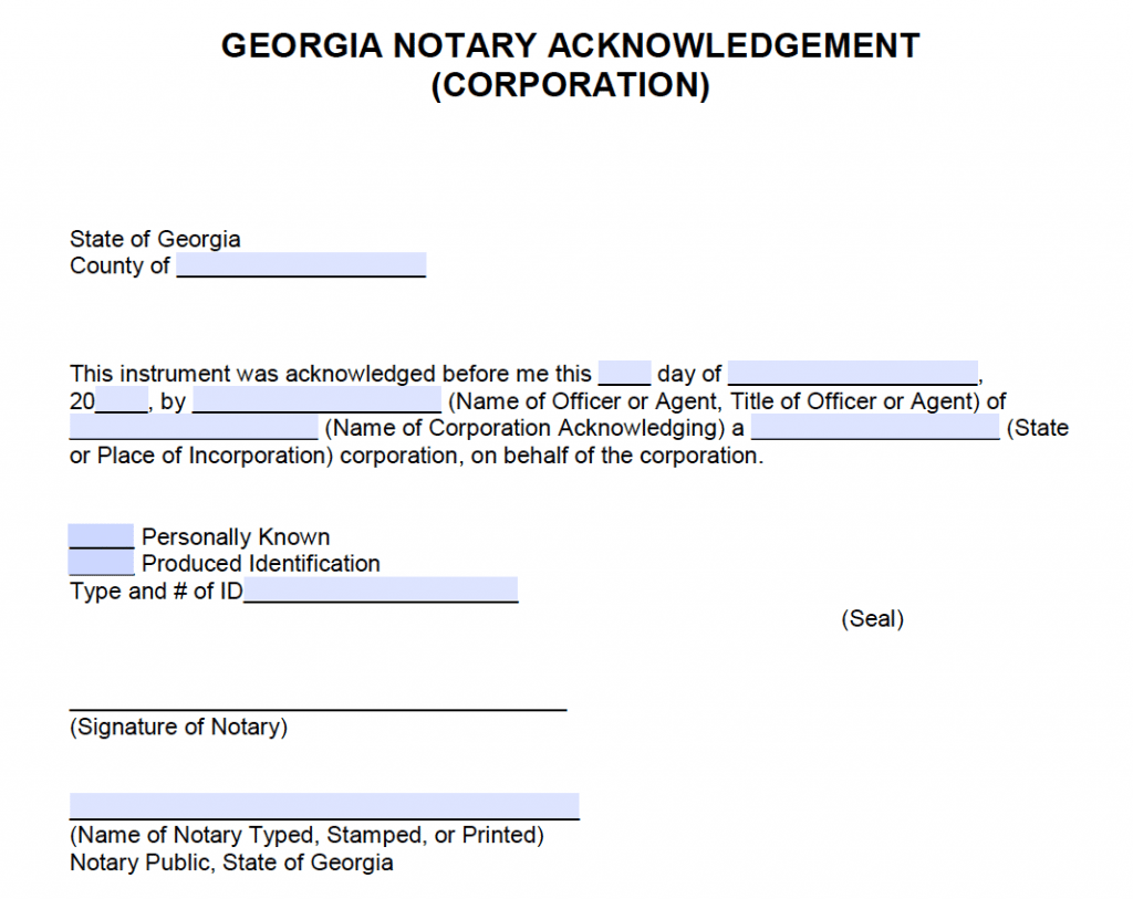 Free Georgia Notary Acknowledgement - Corporation - PDF - Word