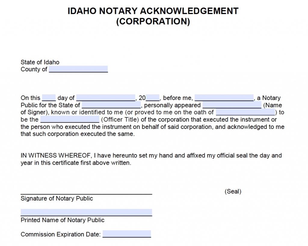 Free Idaho Notary Acknowledgement - Corporation - PDF - Word