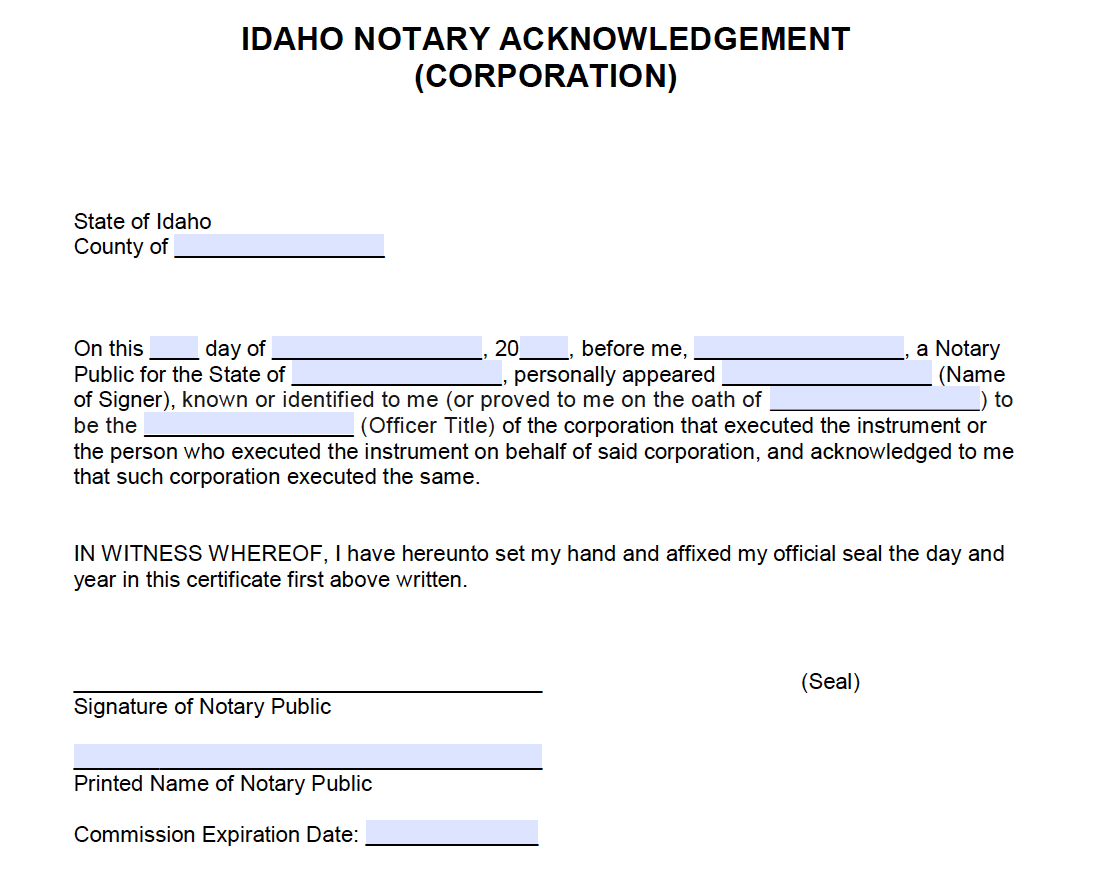 Free Idaho Notary Acknowledgment Form Word Pdf Eforms 1382