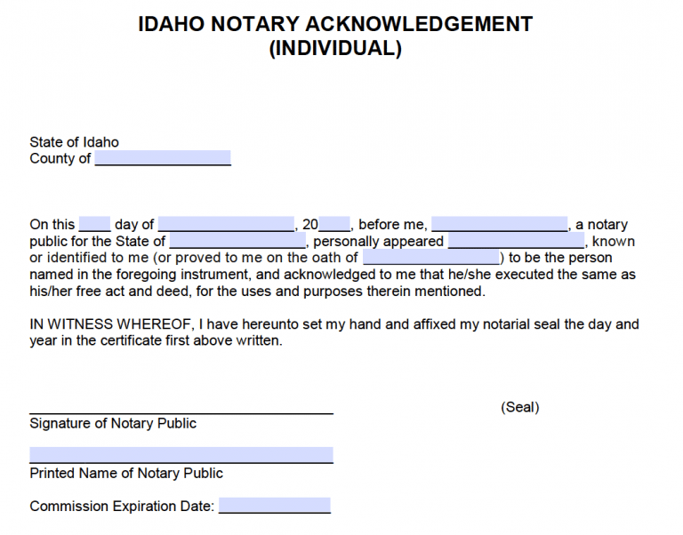 Free Idaho Notary Acknowledgement - Individual - PDF - Word