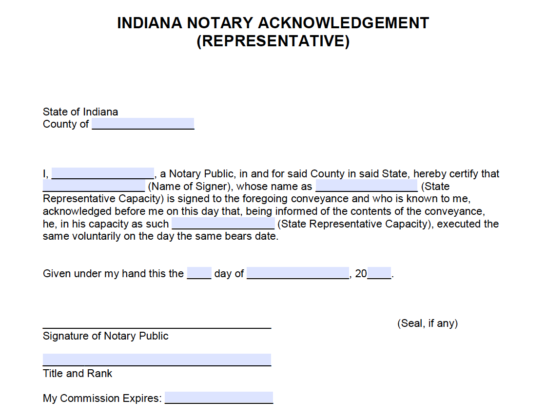 Free Indiana Notary Acknowledgement Representative PDF Word