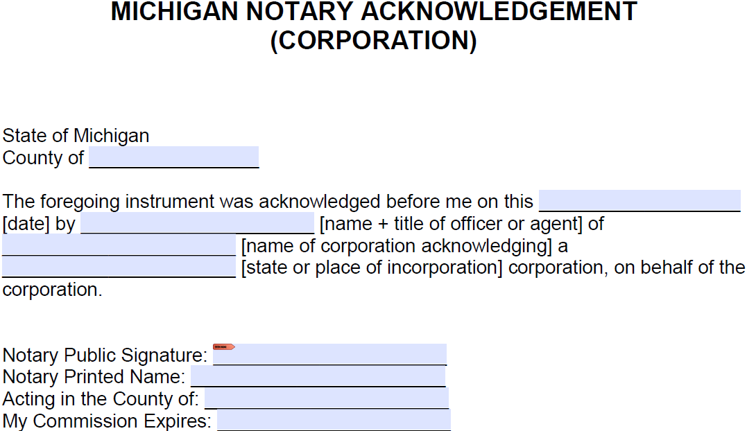 Free Michigan Notary Acknowledgement Corporation PDF Word