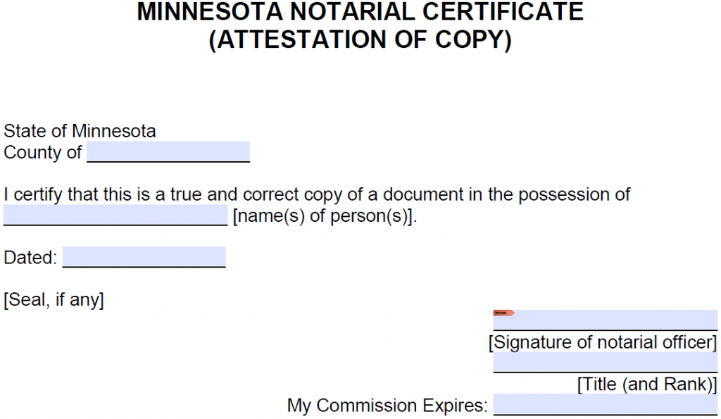 Free Minnesota Notarial Certificate Attestation Of Copy Pdf Word