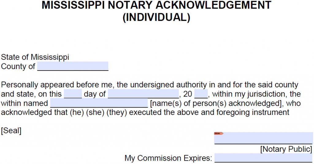 Free Mississippi Notary Acknowledgement Forms PDF Word