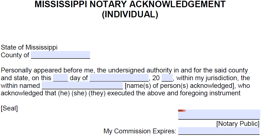 Free Mississippi Notary Acknowledgement - Individual - PDF - Word