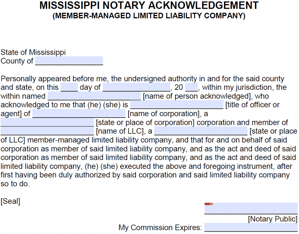 Free Mississippi Notary Acknowledgement Forms - PDF - Word