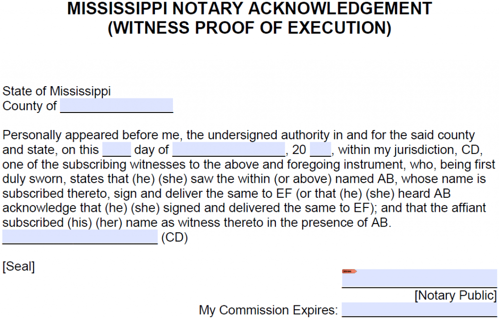 Free Mississippi Notary Acknowledgement Forms Pdf Word 7244