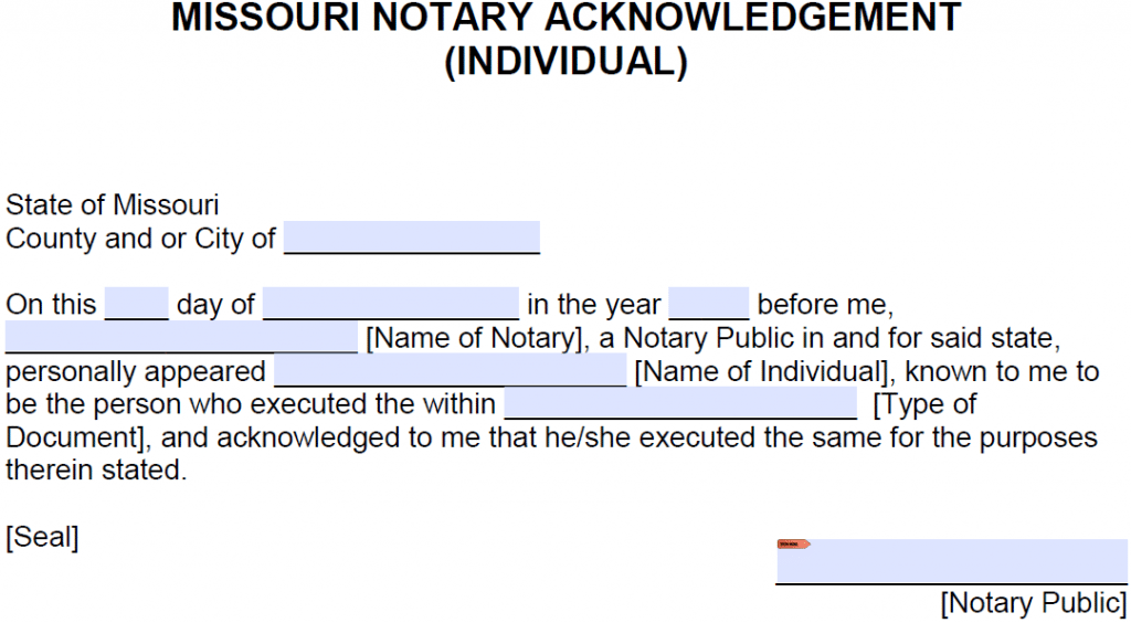 Free Missouri Notary Acknowledgement Individual PDF Word