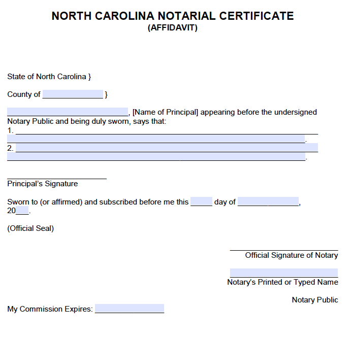 Free North Carolina Notarial Certificate Affidavit PDF Word